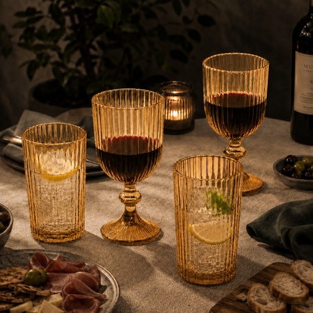 Set x8 Vasos Vidrio Altos Tragos y Copas con pie Labrado Aston Amber