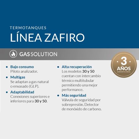 TERMOTANQUE A GAS SEÑORIAL TSZ-30 ZAFIRO 30 LTS ALTA RECUPERACION MULTIGAS